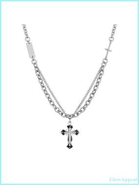 Gothic Silver Cross Pendant Necklace Titanium Steel Chunky Chain